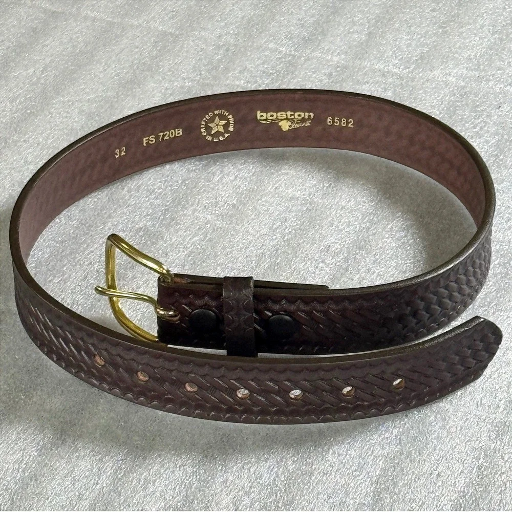 Boston Leather Belt 6582 Men's Brown Basketweave 32 Brass Buckle USA NWOT
